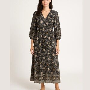 Lovestitch Boho Floral Dress in Black, White, and Tan